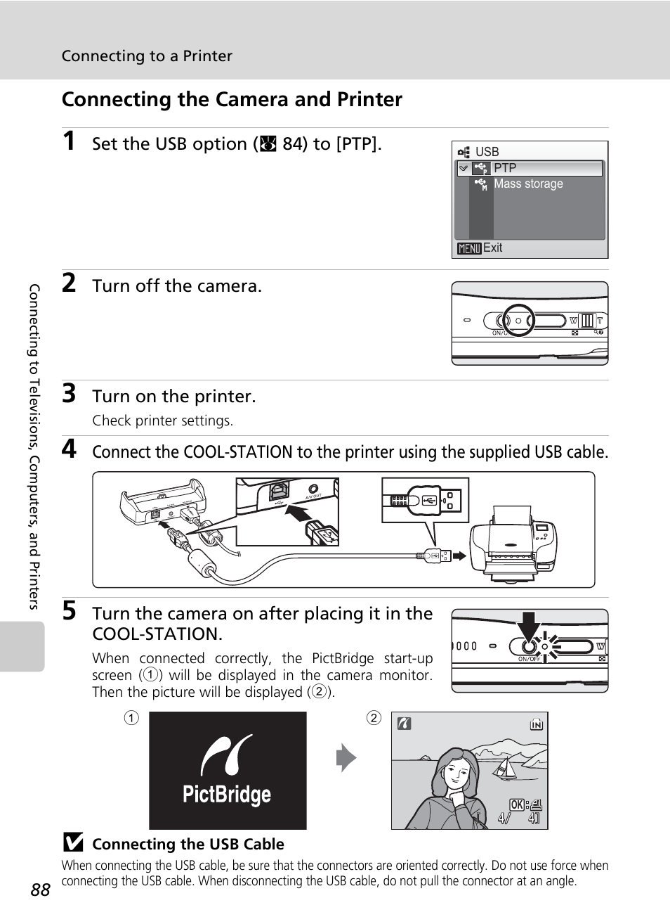 Connecting the camera and printer | Nikon S7c User Manual | Page 102 / 200