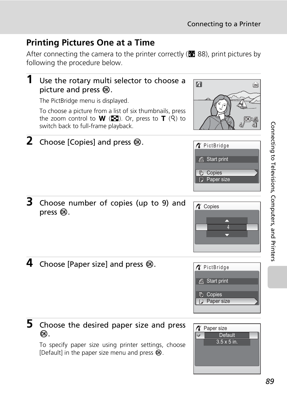 Printing pictures one at a time, Choose [copies] and press d, Choose number of copies (up to 9) and press d | Choose [paper size] and press d, Choose the desired paper size and press d | Nikon S7c User Manual | Page 103 / 200