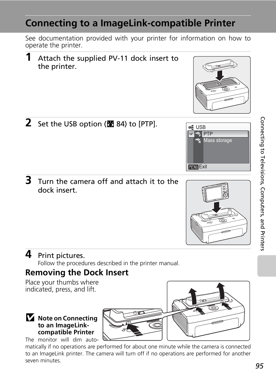 Connecting to a imagelink-compatible printer, Removing the dock insert | Nikon S7c User Manual | Page 109 / 200