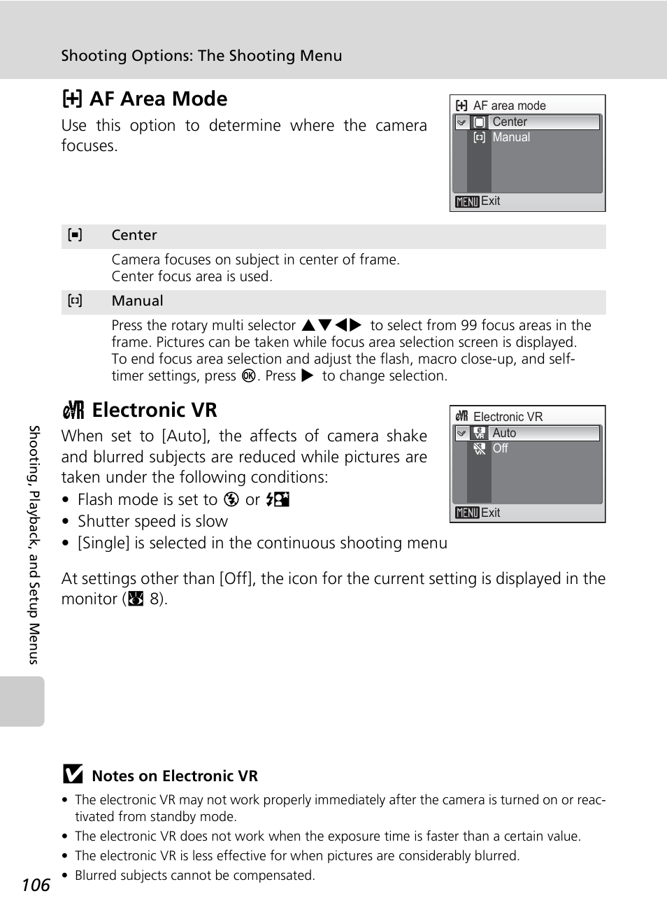 Kaf area mode, Celectronic vr | Nikon S7c User Manual | Page 120 / 200