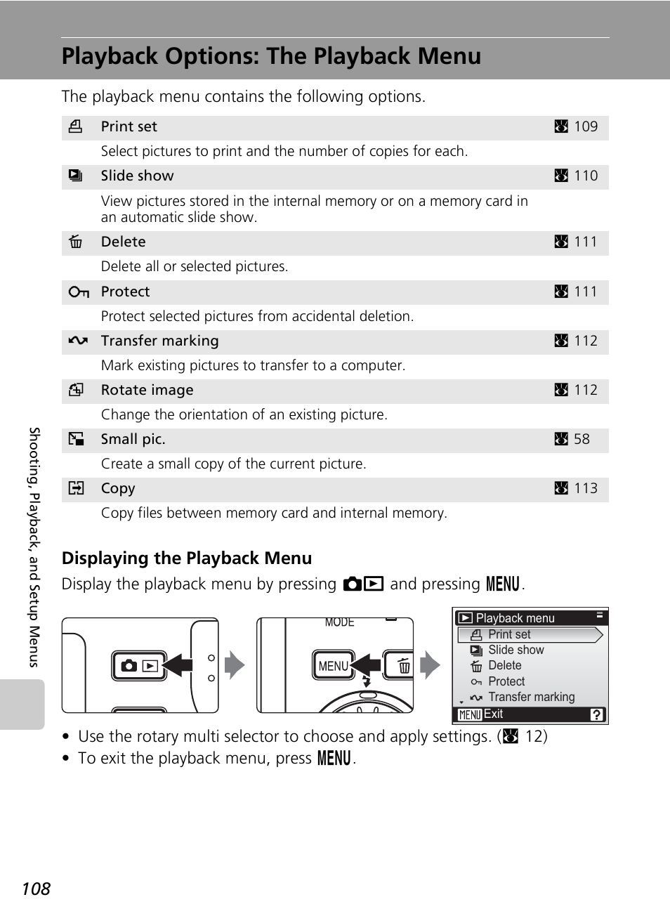 Playback options: the playback menu, Displaying the playback menu | Nikon S7c User Manual | Page 122 / 200