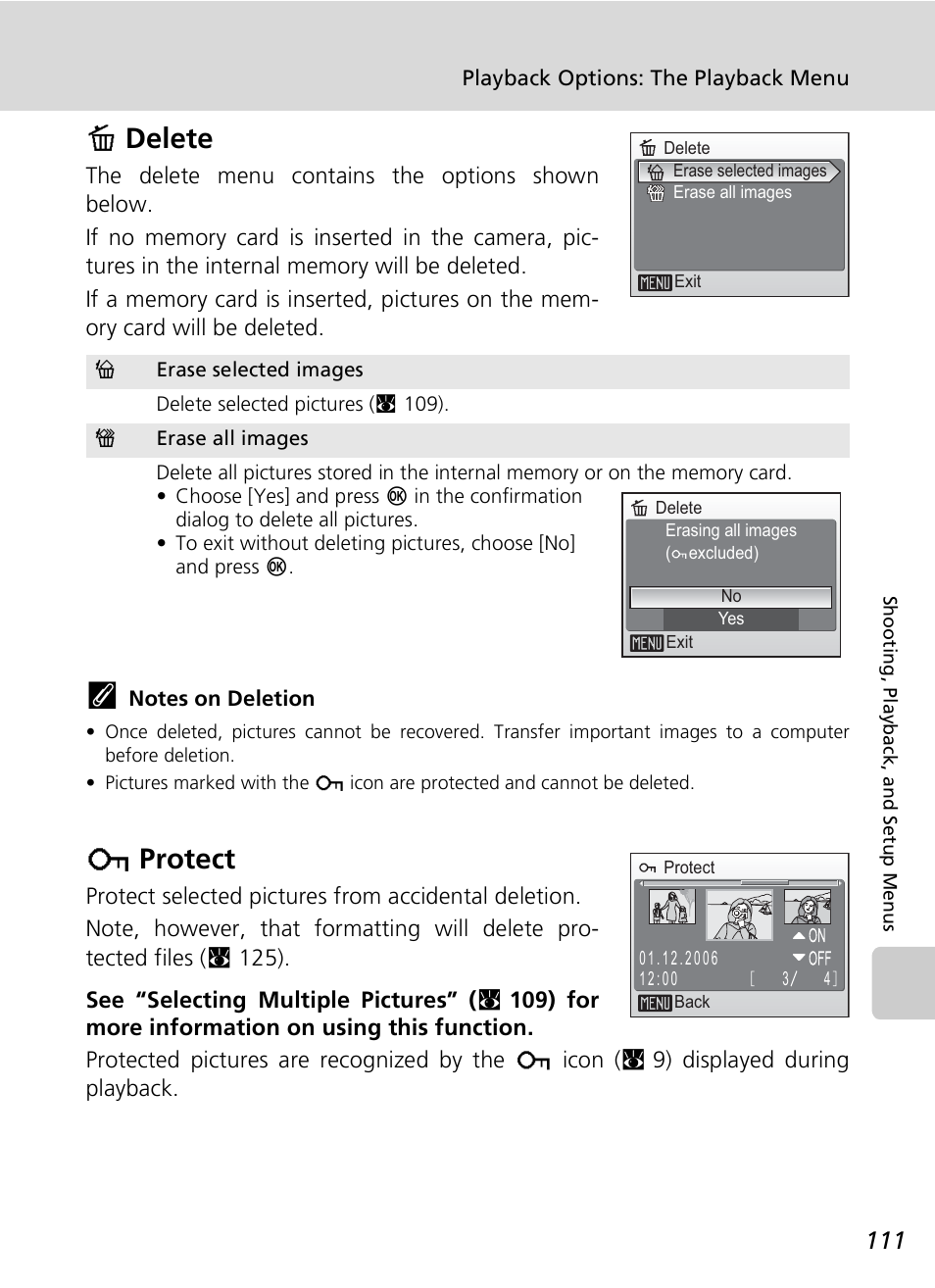 Adelete, Dprotect | Nikon S7c User Manual | Page 125 / 200