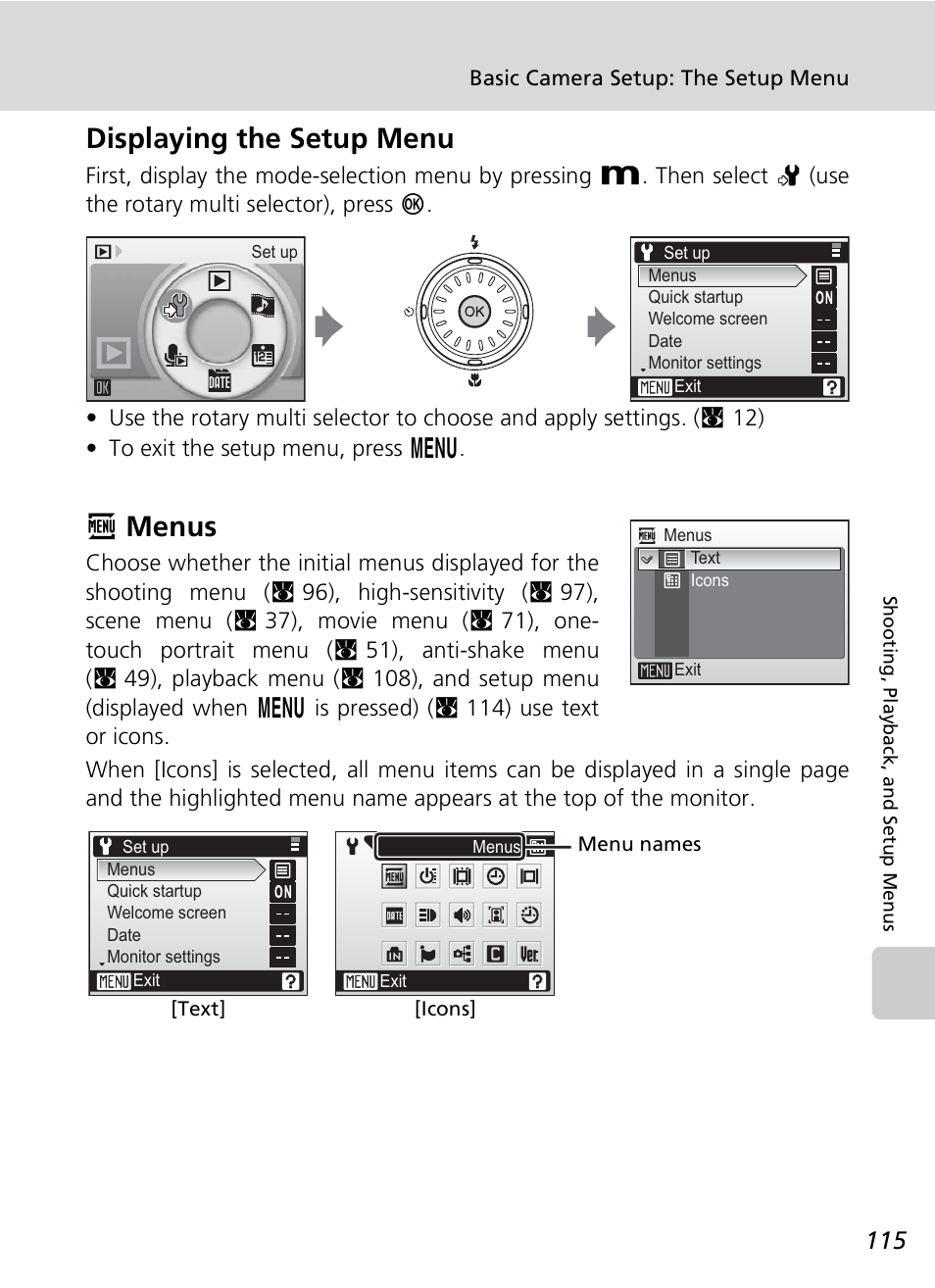 Displaying the setup menu, Rmenus | Nikon S7c User Manual | Page 129 / 200