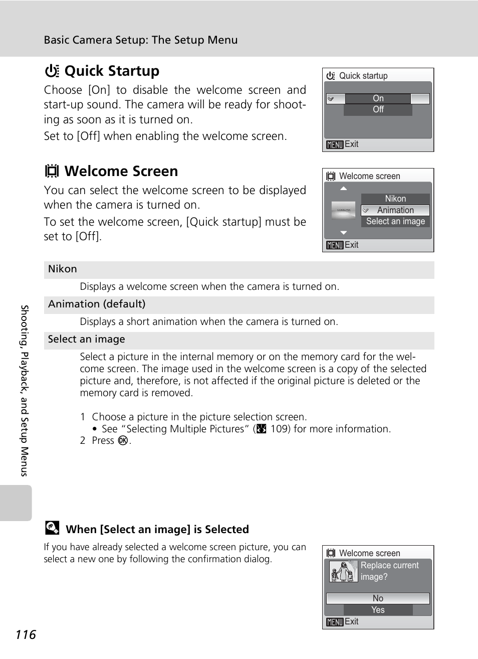 Hquick startup, Vwelcome screen | Nikon S7c User Manual | Page 130 / 200