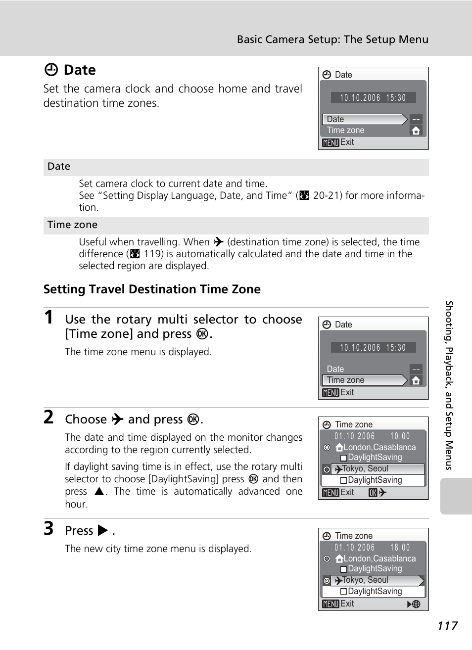 Wdate, Setting travel destination time zone, Choose y and press d | Press j | Nikon S7c User Manual | Page 131 / 200