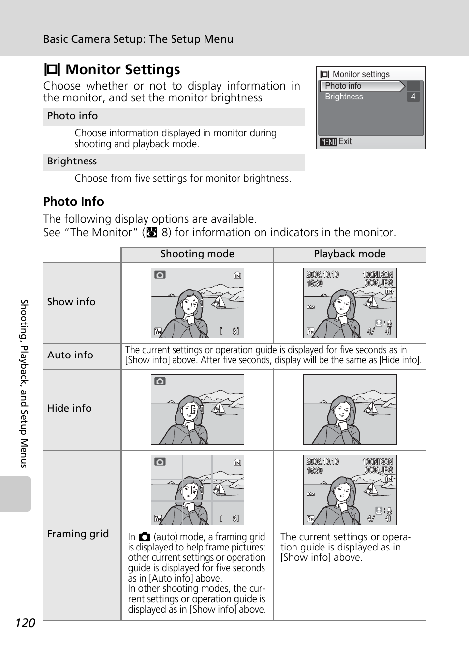 Zmonitor settings, Photo info, Basic camera setup: the setup menu | Nikon S7c User Manual | Page 134 / 200