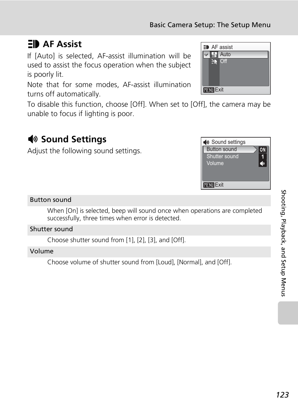 Uaf assist, Hsound settings | Nikon S7c User Manual | Page 137 / 200