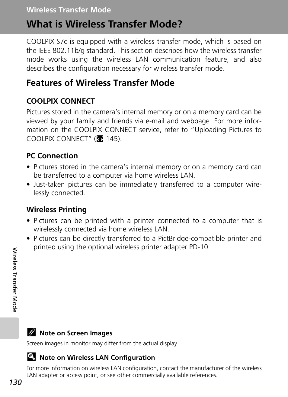 What is wireless transfer mode, Features of wireless transfer mode | Nikon S7c User Manual | Page 144 / 200