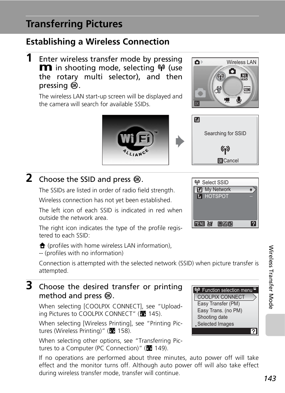 Transferring pictures, Establishing a wireless connection | Nikon S7c User Manual | Page 157 / 200