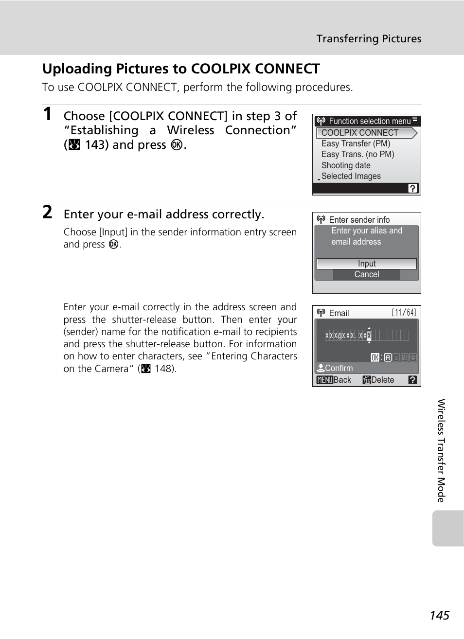 Uploading pictures to coolpix connect, Enter your e-mail address correctly | Nikon S7c User Manual | Page 159 / 200