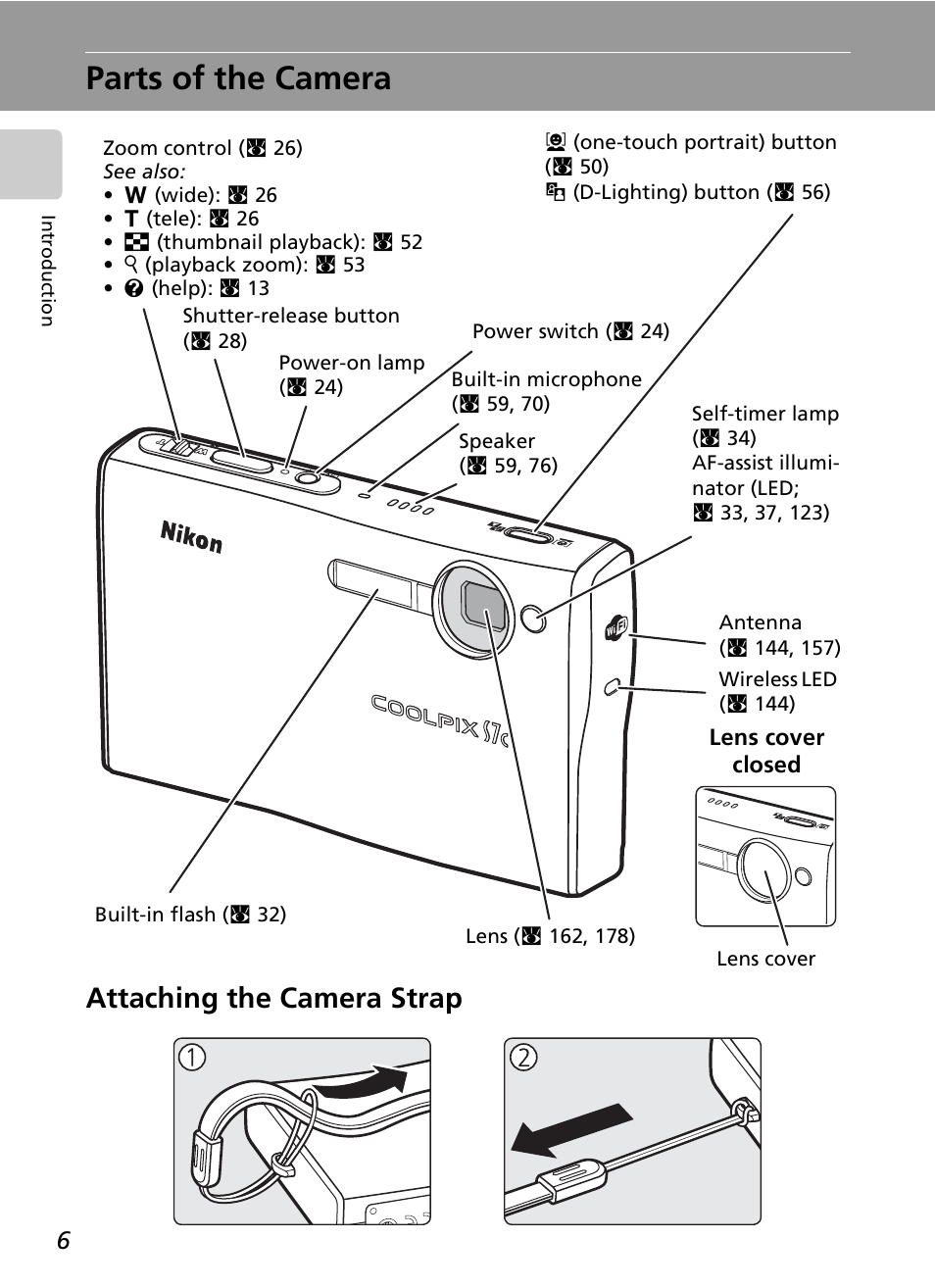 Parts of the camera, Attaching the camera strap | Nikon S7c User Manual | Page 20 / 200