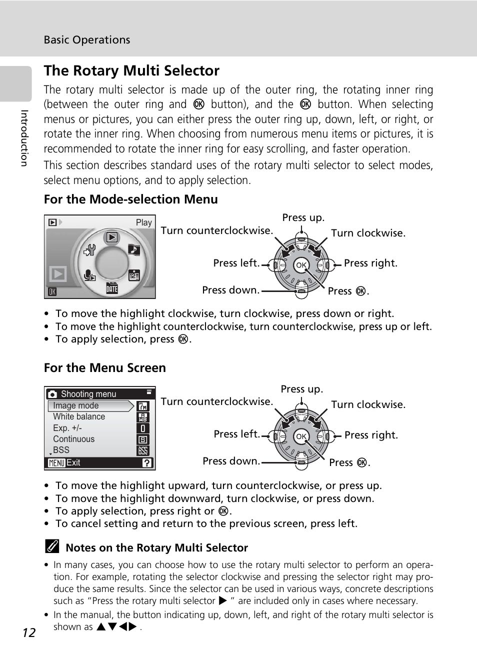 The rotary multi selector, For the mode-selection menu, For the menu screen | Nikon S7c User Manual | Page 26 / 200