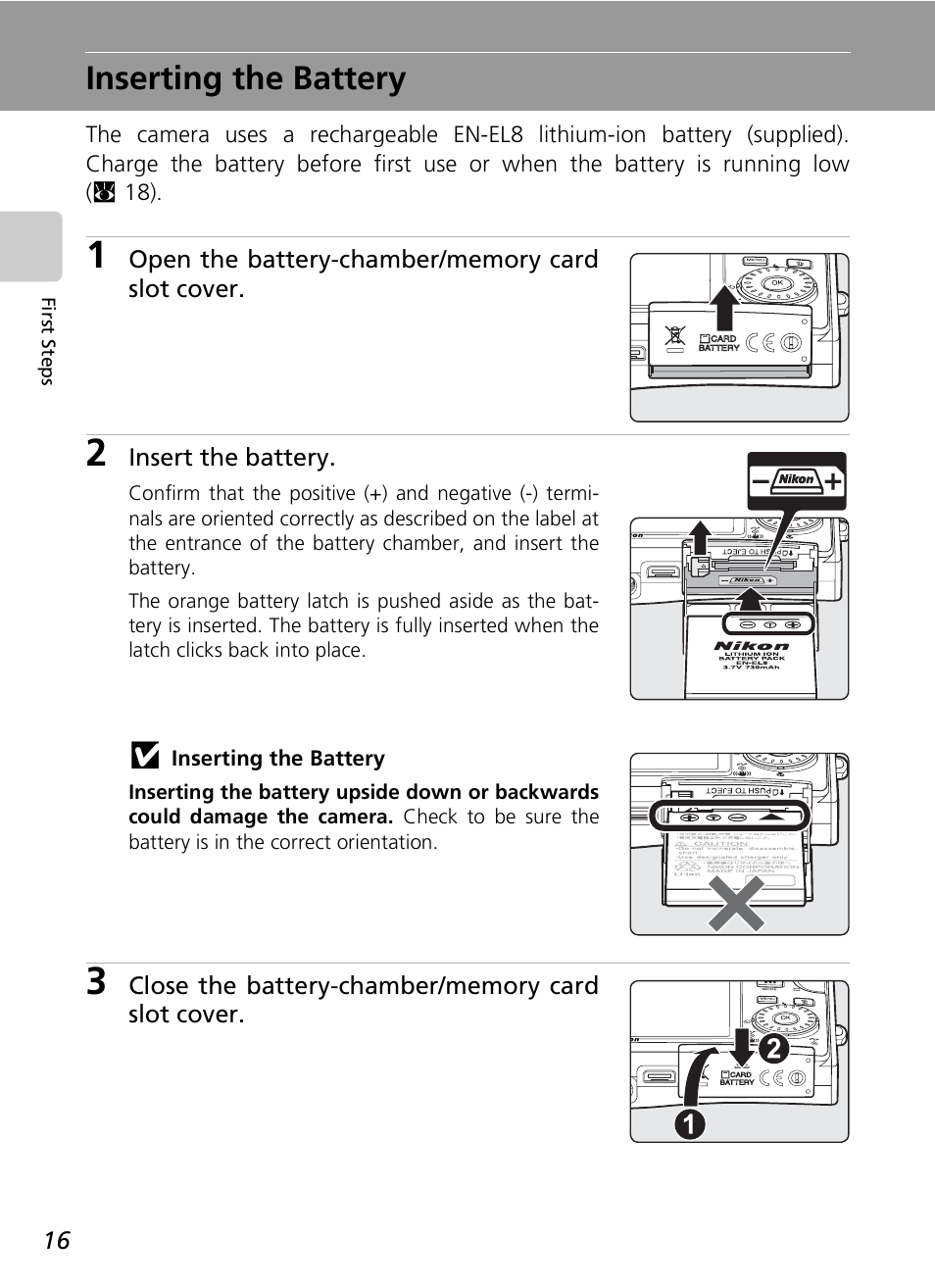 Inserting the battery | Nikon S7c User Manual | Page 30 / 200