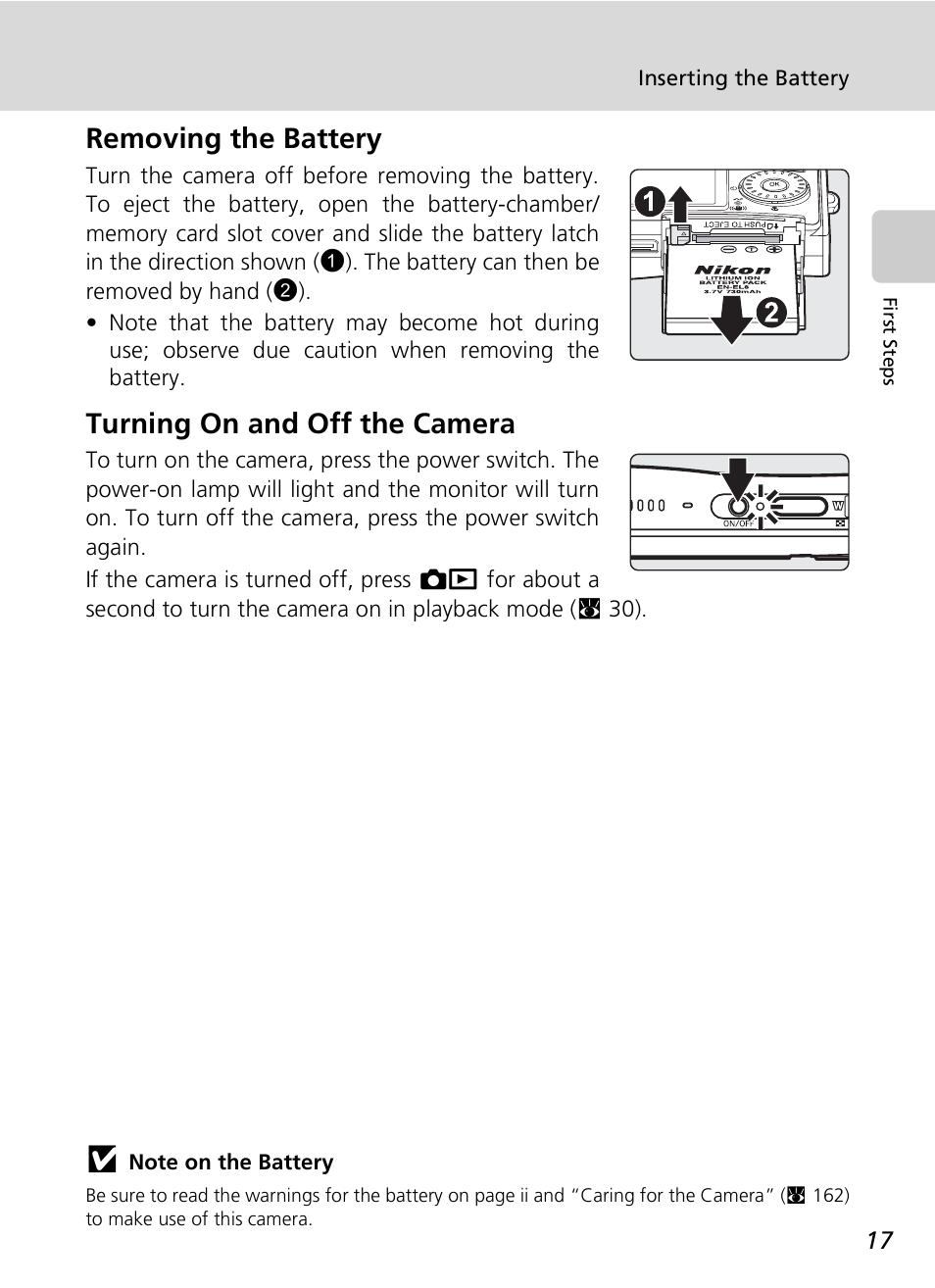 Removing the battery, Turning on and off the camera | Nikon S7c User Manual | Page 31 / 200