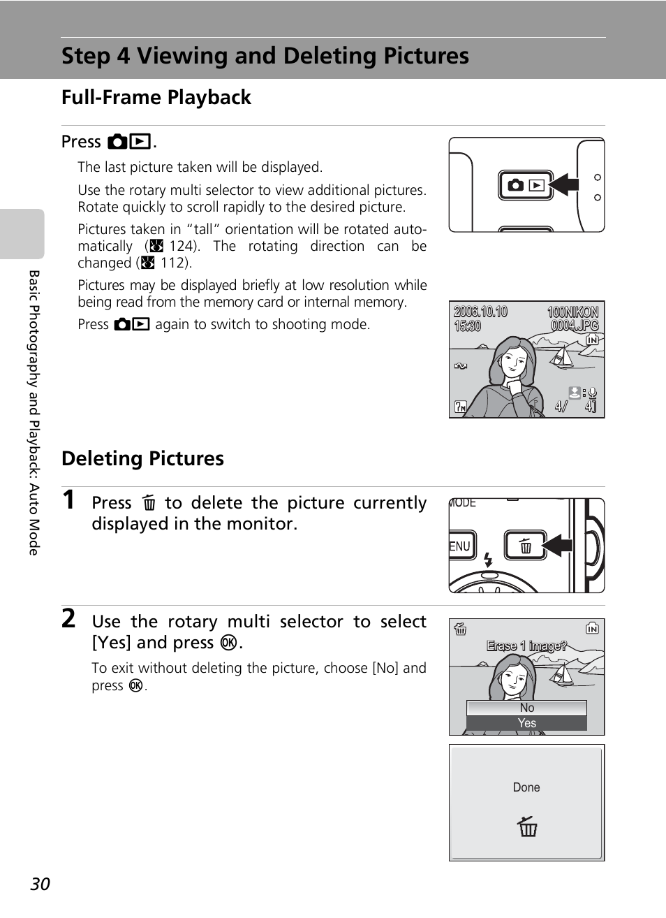 Step 4 viewing and deleting pictures, Full-frame playback, Deleting pictures | Press o | Nikon S7c User Manual | Page 44 / 200