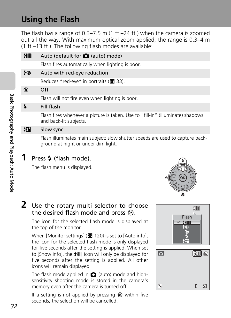 Using the flash, Press j (flash mode) | Nikon S7c User Manual | Page 46 / 200