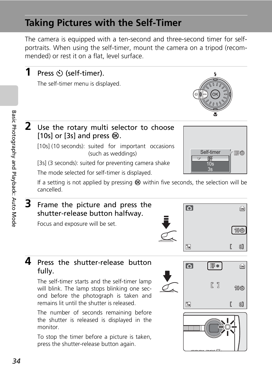 Taking pictures with the self-timer, Press h (self-timer), Press the shutter-release button fully | Nikon S7c User Manual | Page 48 / 200