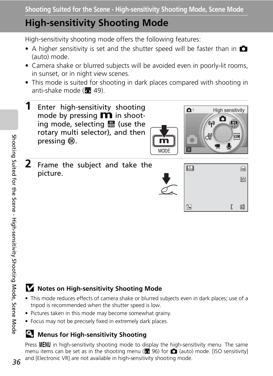 High-sensitivity shooting mode, Frame the subject and take the picture | Nikon S7c User Manual | Page 50 / 200