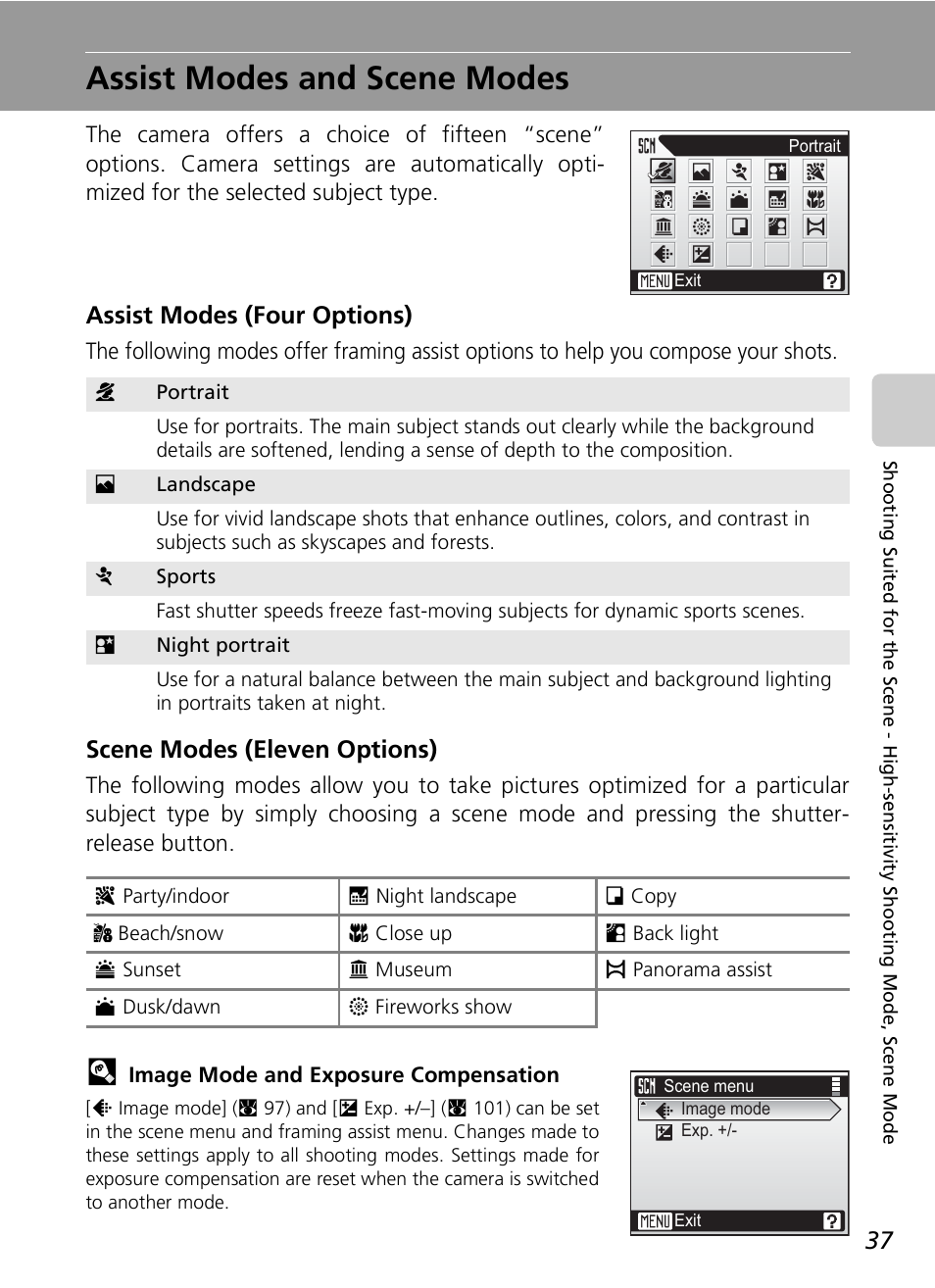Assist modes and scene modes, Assist modes (four options), Scene modes (eleven options) | Nikon S7c User Manual | Page 51 / 200