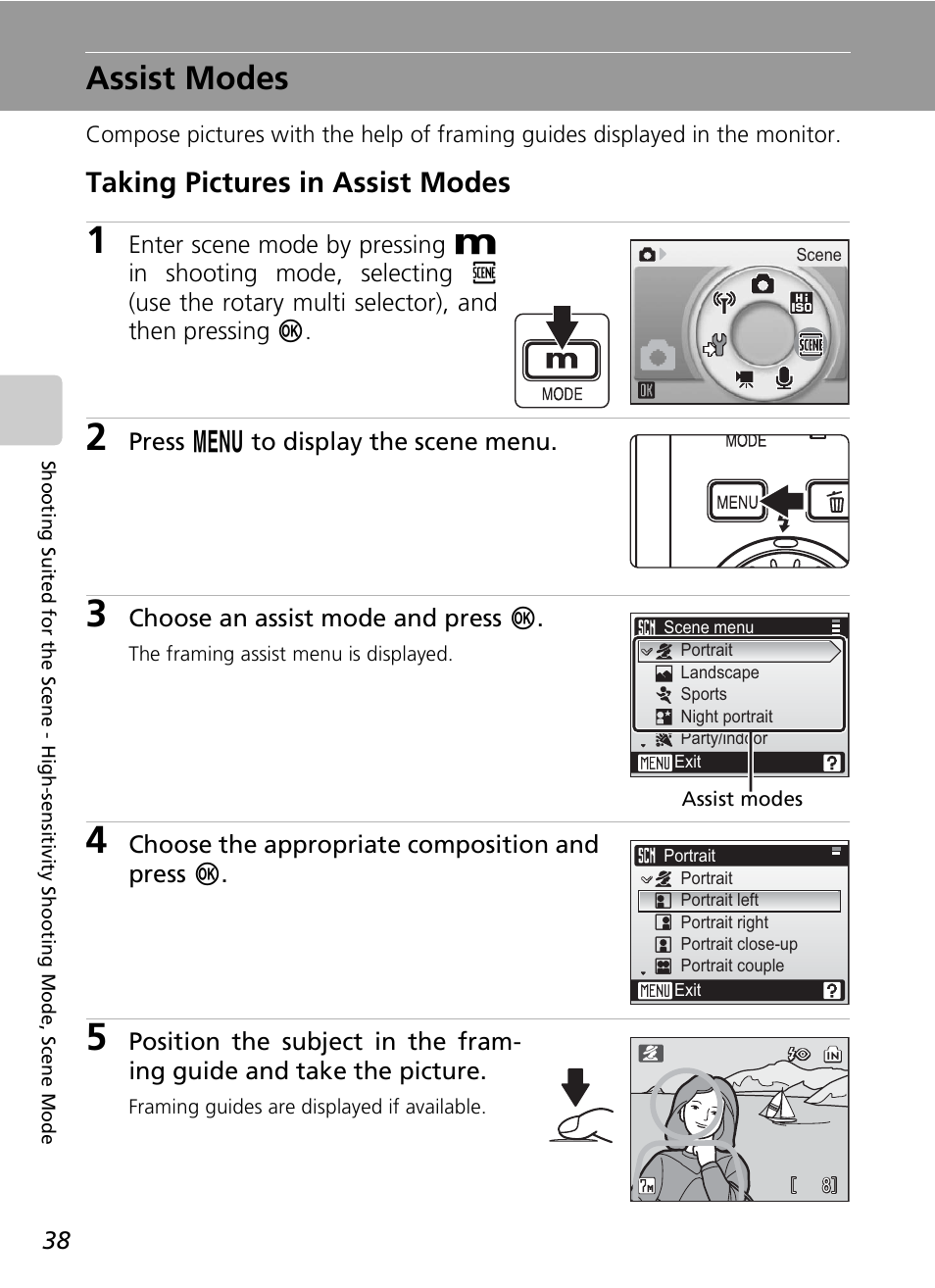 Assist modes, Taking pictures in assist modes, Press m to display the scene menu | Choose an assist mode and press d, Choose the appropriate composition and press d | Nikon S7c User Manual | Page 52 / 200