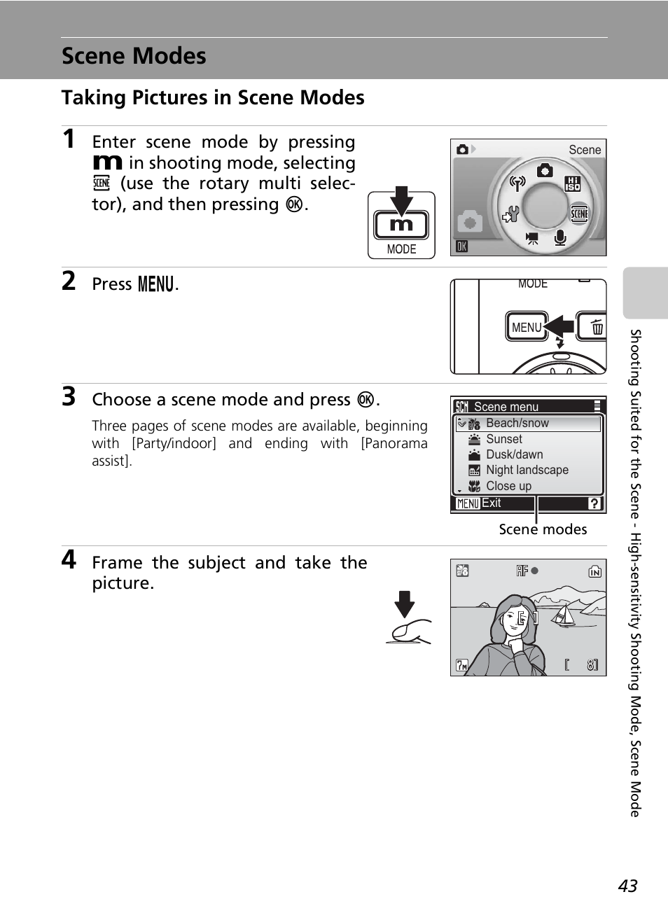 Scene modes, Taking pictures in scene modes | Nikon S7c User Manual | Page 57 / 200