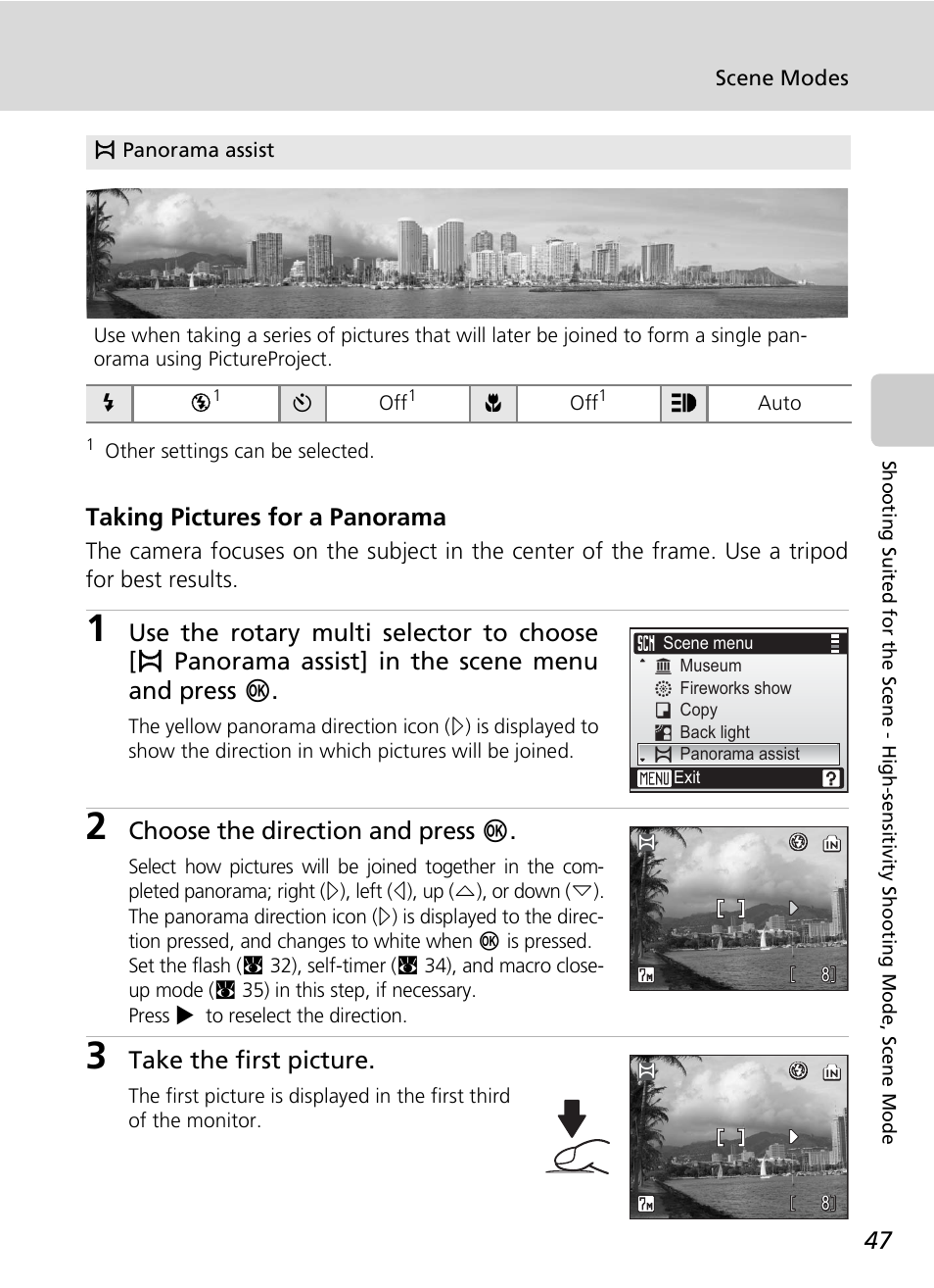 Taking pictures for a panorama, Choose the direction and press d, Take the first picture | Nikon S7c User Manual | Page 61 / 200