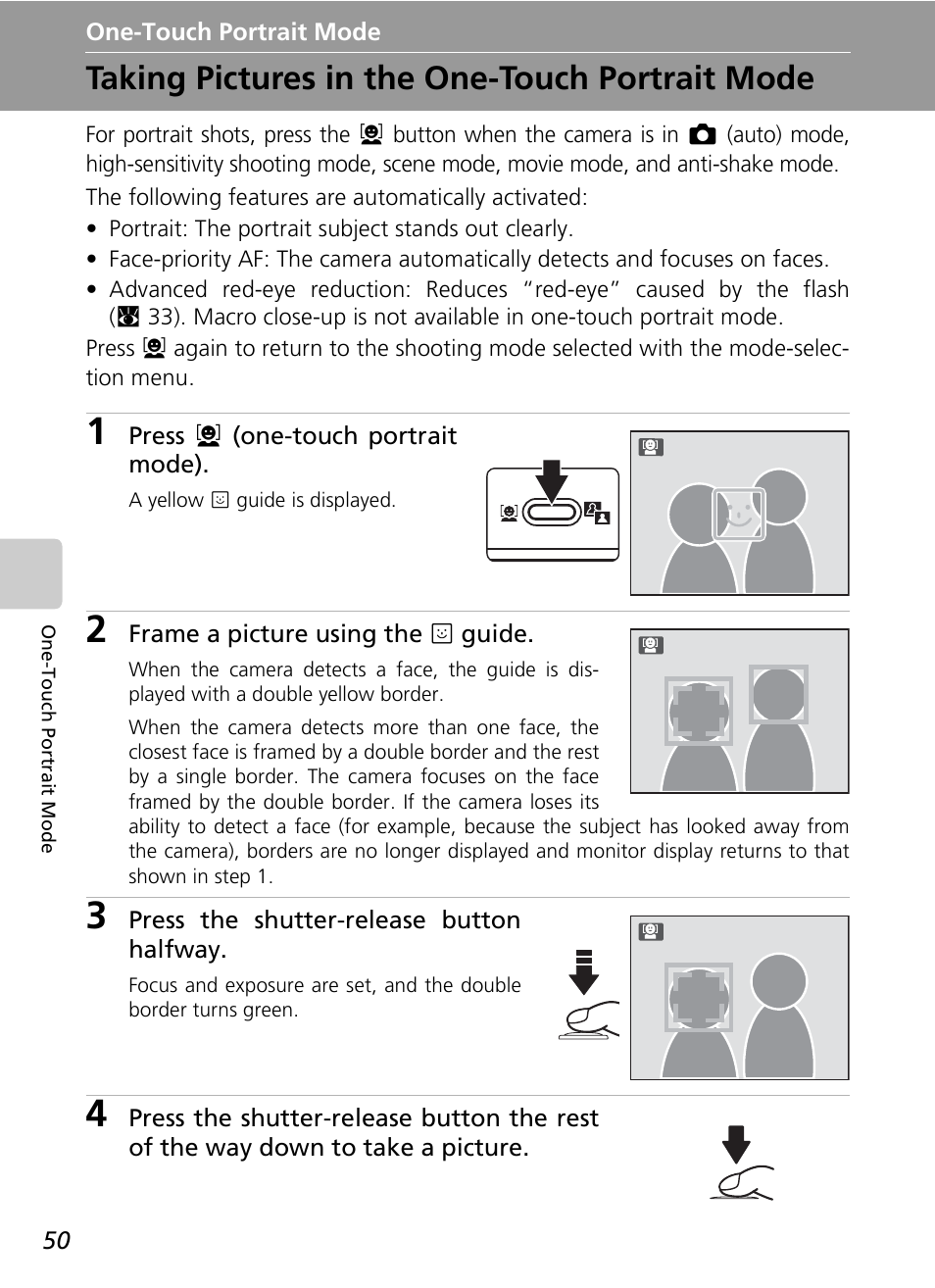 Taking pictures in the one-touch portrait mode | Nikon S7c User Manual | Page 64 / 200