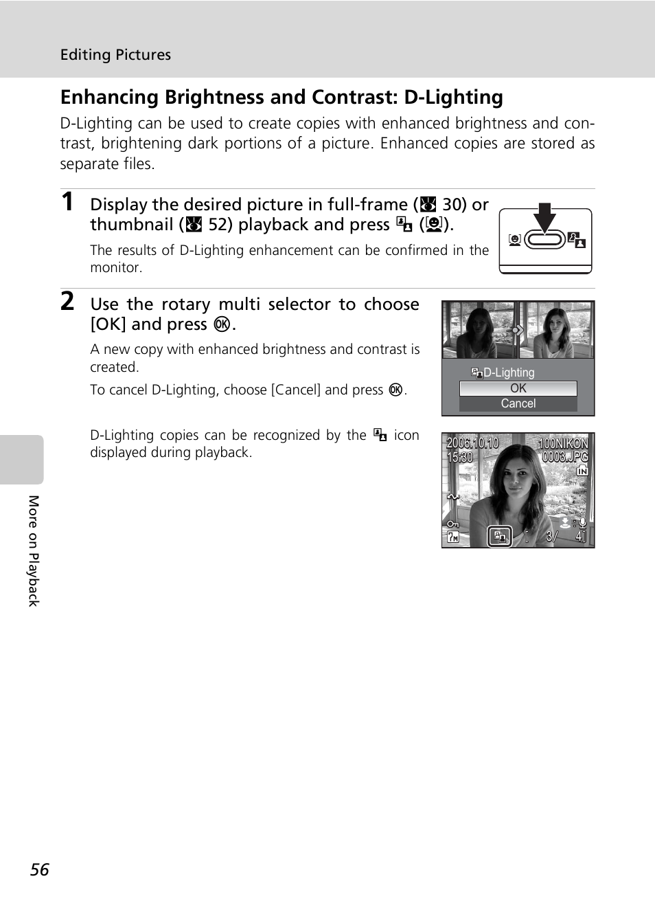 Enhancing brightness and contrast: d-lighting | Nikon S7c User Manual | Page 70 / 200