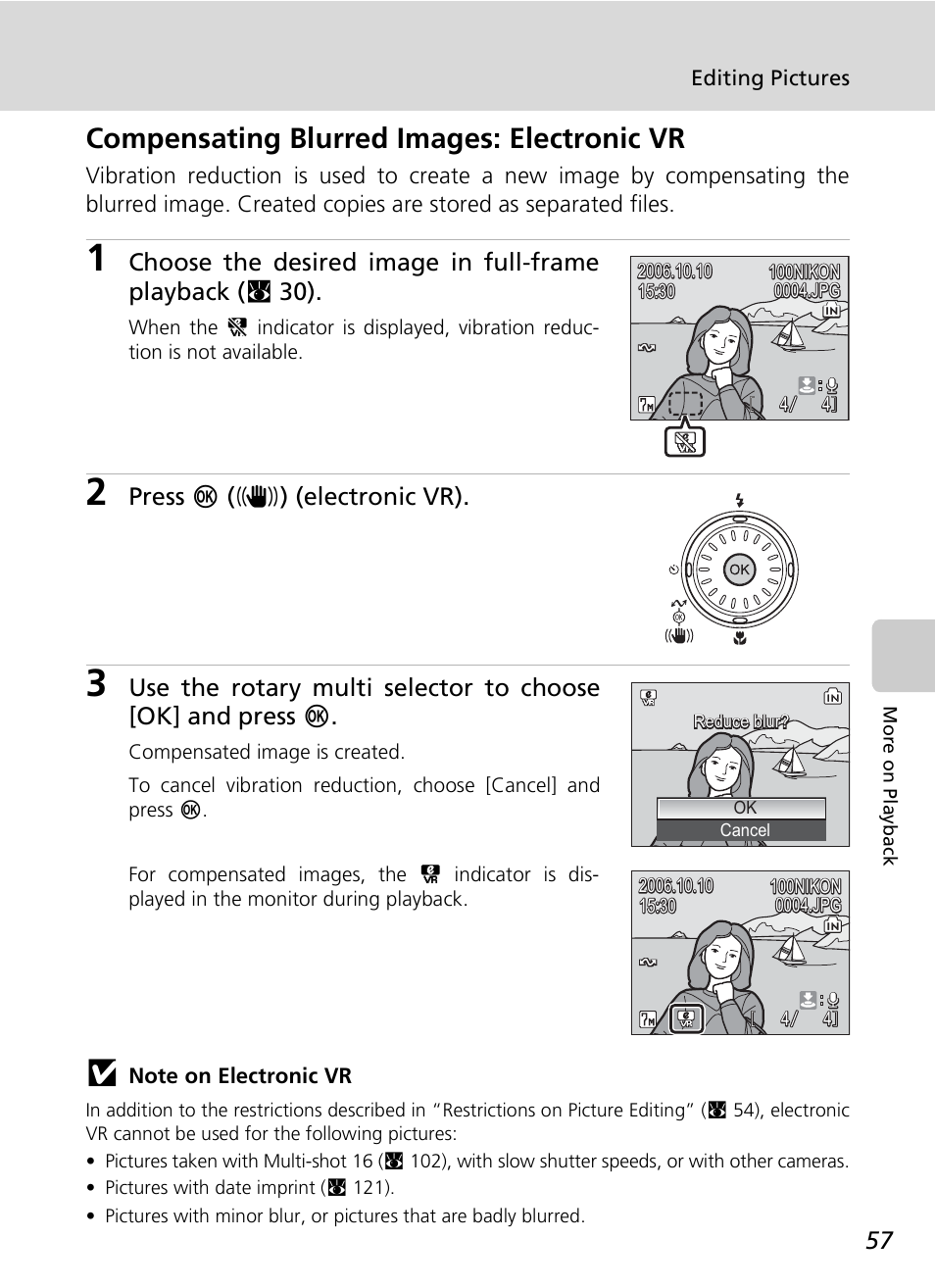 Compensating blurred images: electronic vr, Press d (f) (electronic vr) | Nikon S7c User Manual | Page 71 / 200