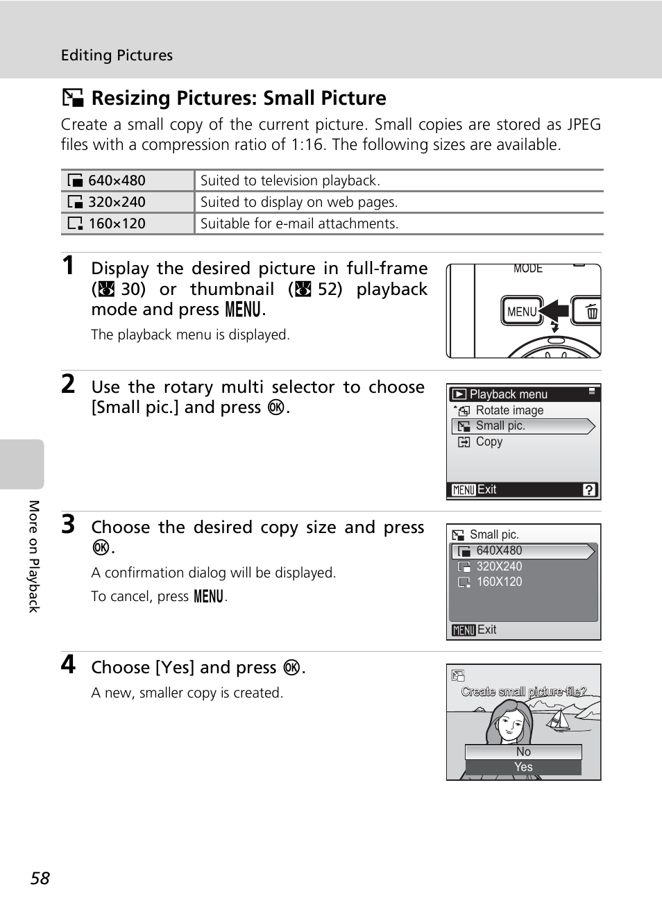 Hresizing pictures: small picture | Nikon S7c User Manual | Page 72 / 200