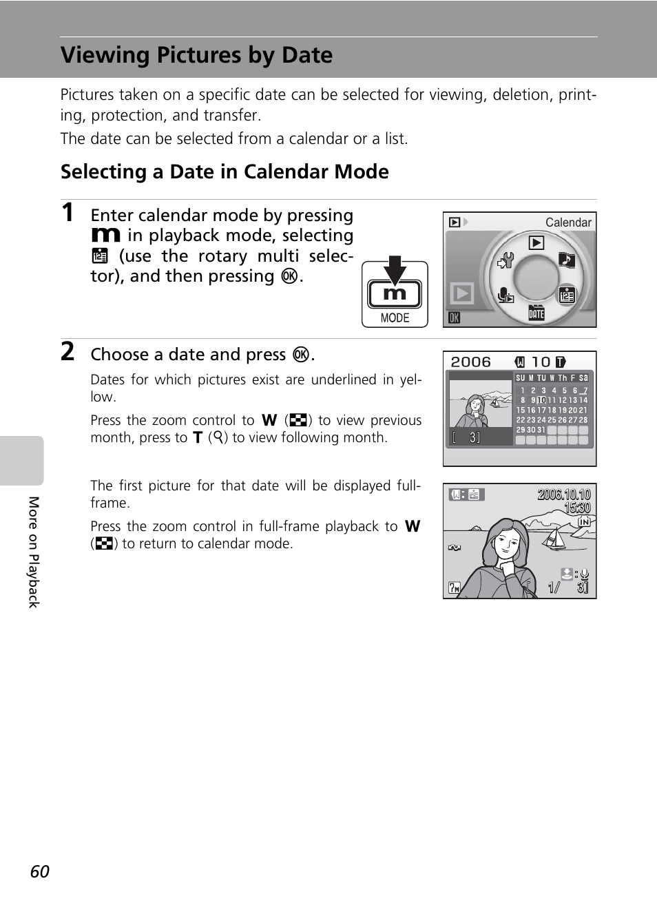 Viewing pictures by date, Selecting a date in calendar mode, Choose a date and press d | Nikon S7c User Manual | Page 74 / 200