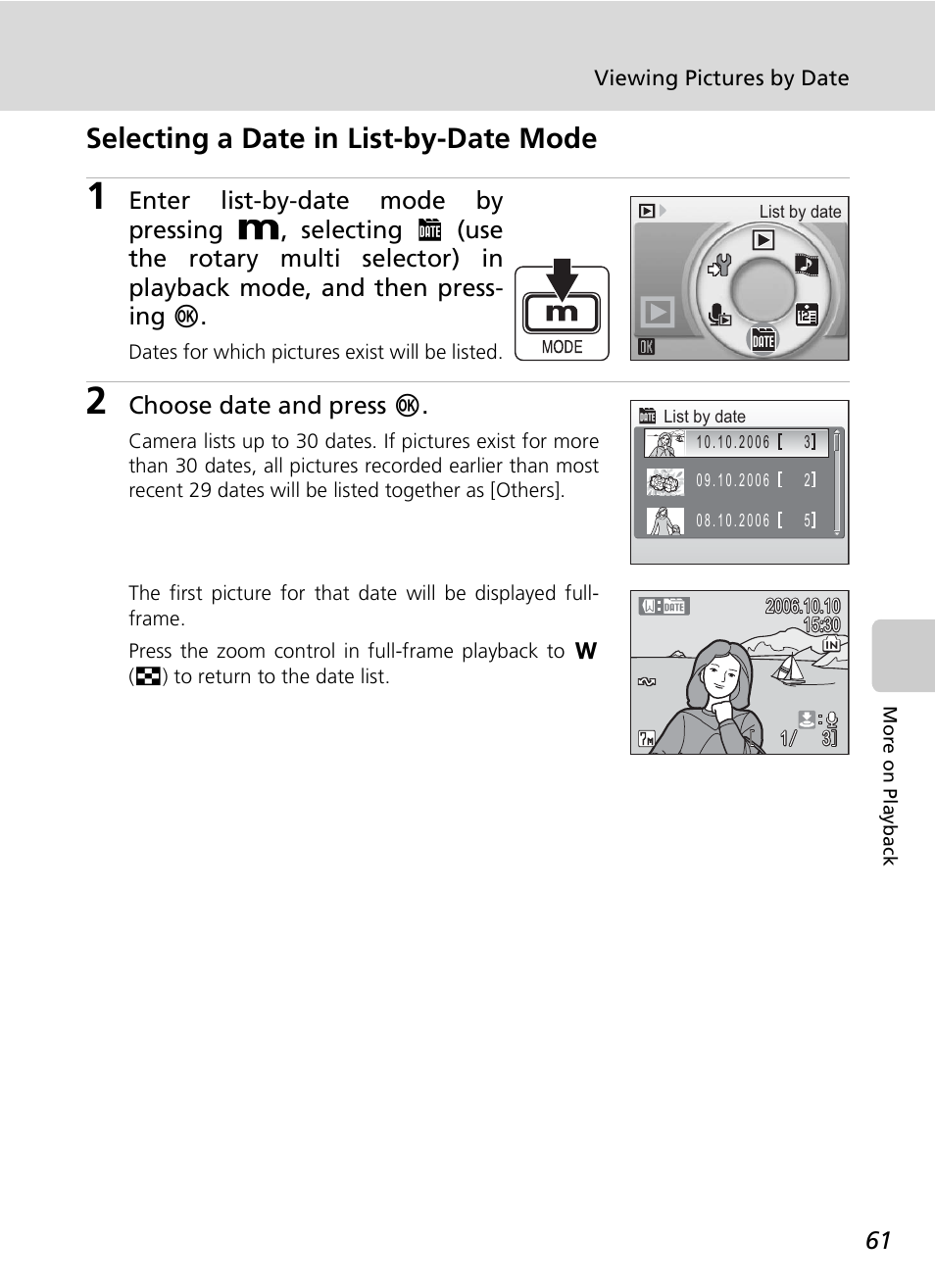 Selecting a date in list-by-date mode, Choose date and press d | Nikon S7c User Manual | Page 75 / 200