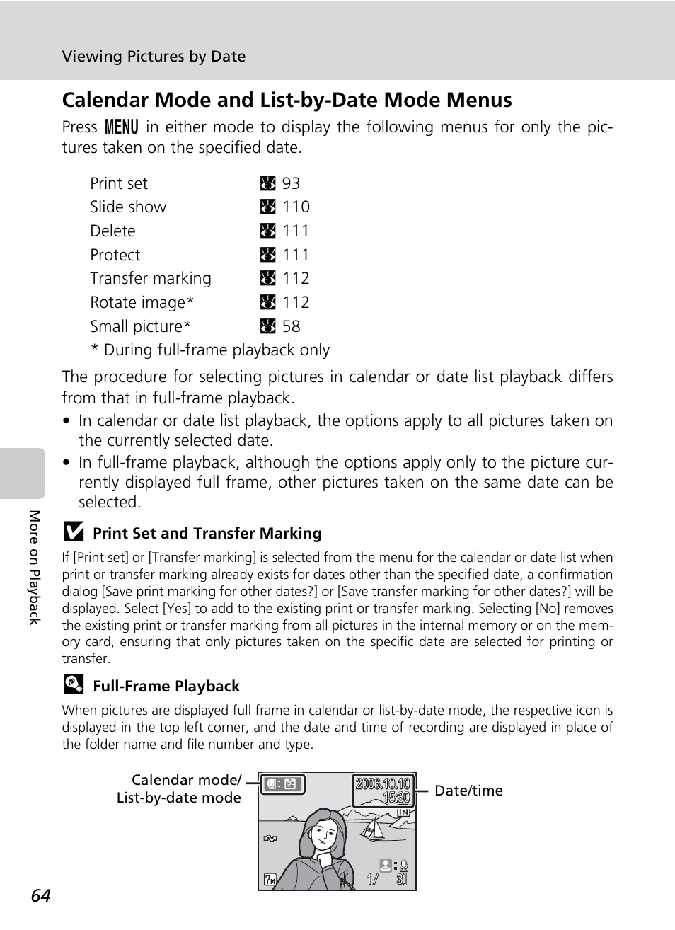 Calendar mode and list-by-date mode menus | Nikon S7c User Manual | Page 78 / 200