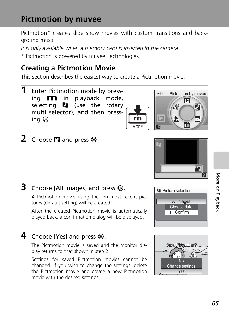 Pictmotion by muvee, Creating a pictmotion movie | Nikon S7c User Manual | Page 79 / 200