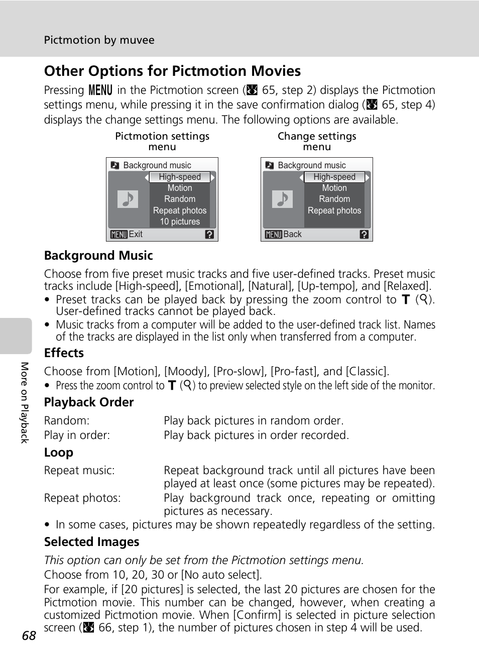 Other options for pictmotion movies, Background music, Effects | Playback order, Loop, Selected images | Nikon S7c User Manual | Page 82 / 200