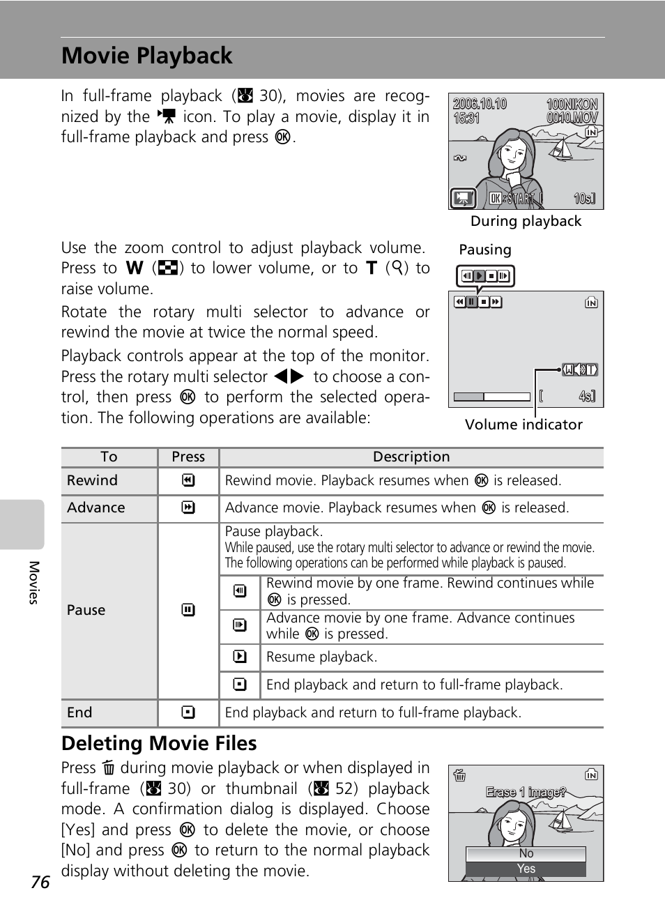 Movie playback, Deleting movie files | Nikon S7c User Manual | Page 90 / 200