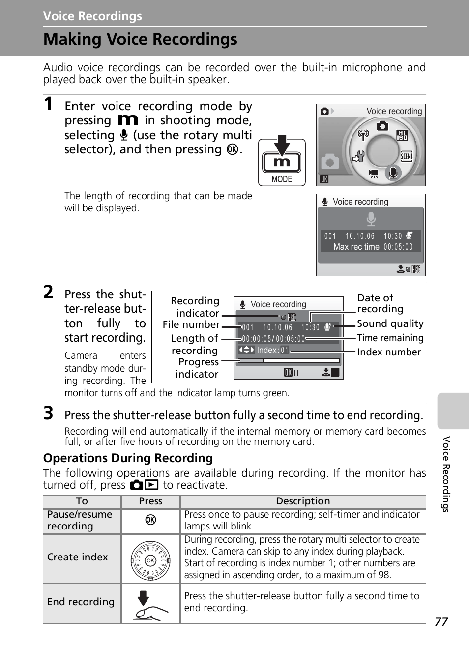 Making voice recordings, Voice recordings, Operations during recording | Nikon S7c User Manual | Page 91 / 200