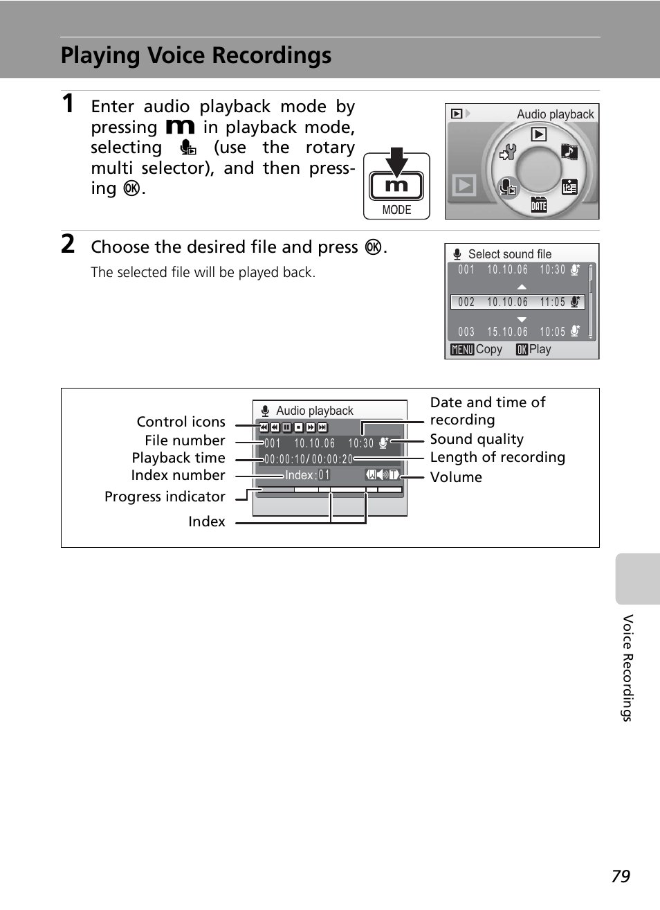 Playing voice recordings, Choose the desired file and press d | Nikon S7c User Manual | Page 93 / 200