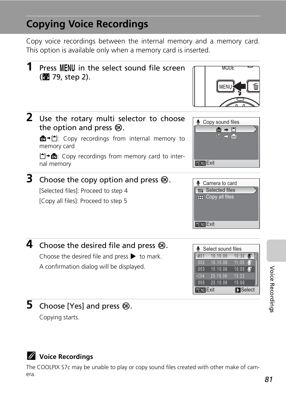 Copying voice recordings, Choose the copy option and press d, Choose the desired file and press d | Choose [yes] and press d | Nikon S7c User Manual | Page 95 / 200