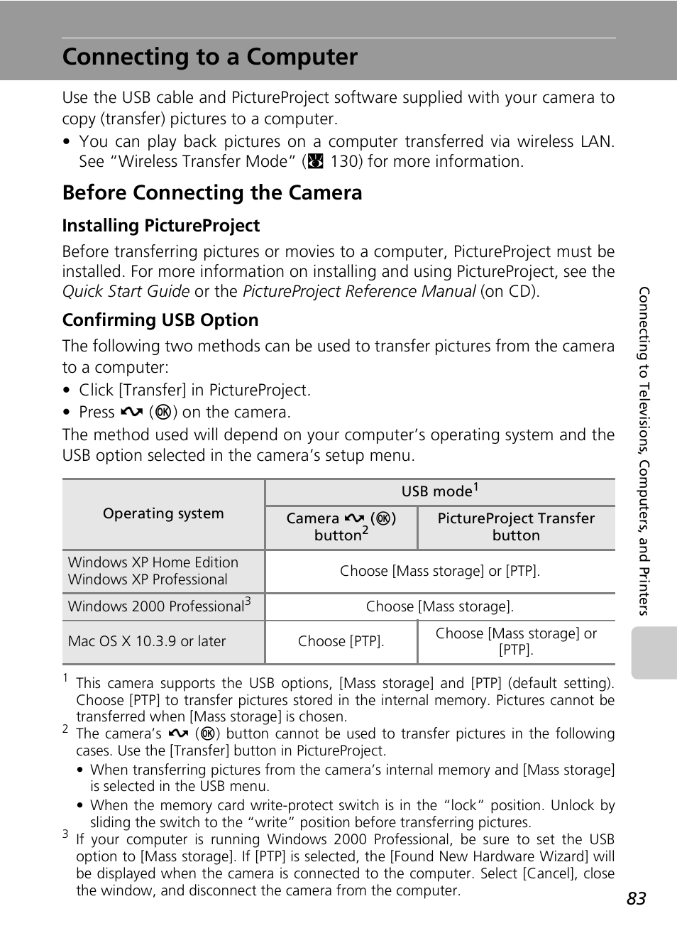 Connecting to a computer, Before connecting the camera, Installing pictureproject | Confirming usb option | Nikon S7c User Manual | Page 97 / 200