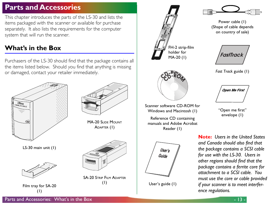 Parts and accessories, What’s in the box | Nikon LS-30 - Coolscan III User Manual | Page 13 / 49