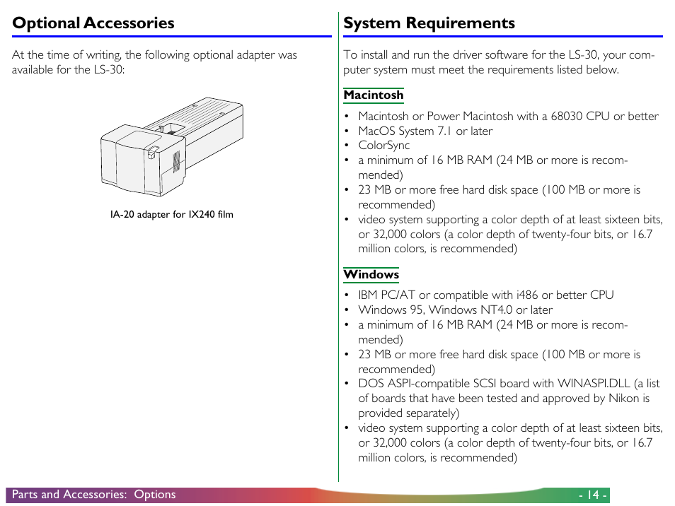 Optional accessories, System requirements, Optional accessories system requirements | Nikon LS-30 - Coolscan III User Manual | Page 14 / 49