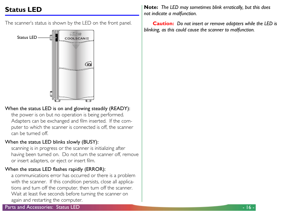 Status led | Nikon LS-30 - Coolscan III User Manual | Page 16 / 49