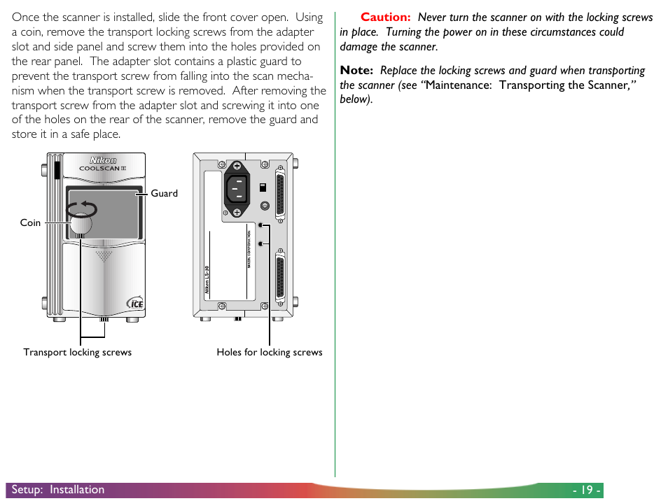 Transport locking screws, Holes for locking screws guard coin | Nikon LS-30 - Coolscan III User Manual | Page 19 / 49