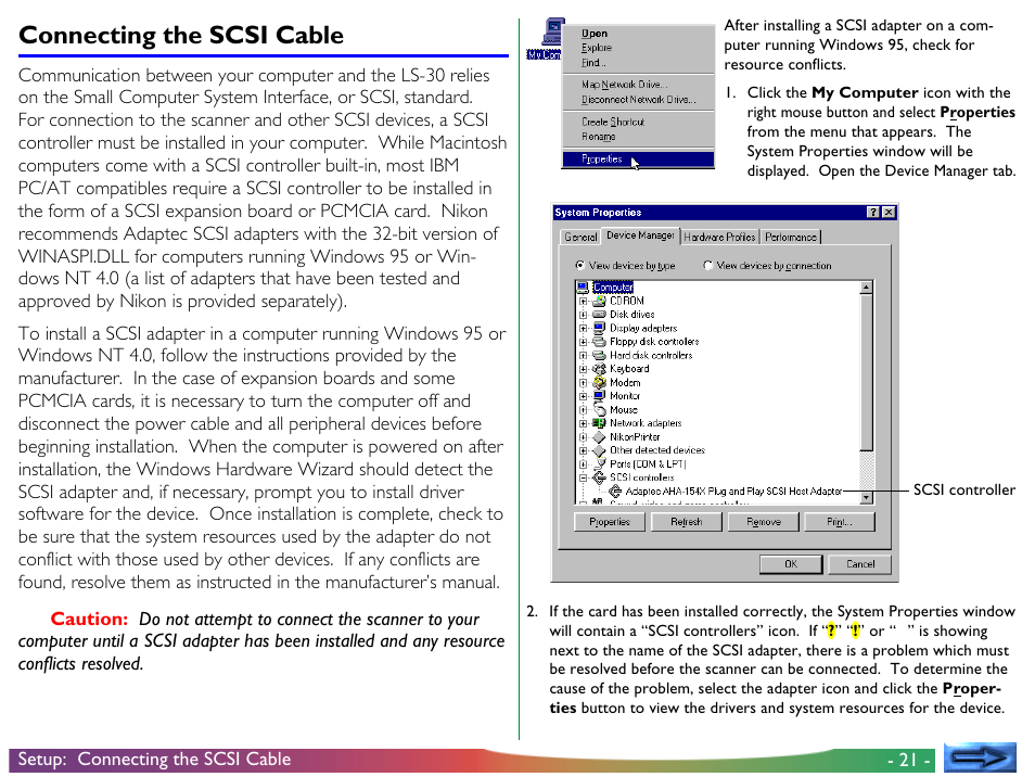 Connecting the scsi cable | Nikon LS-30 - Coolscan III User Manual | Page 21 / 49