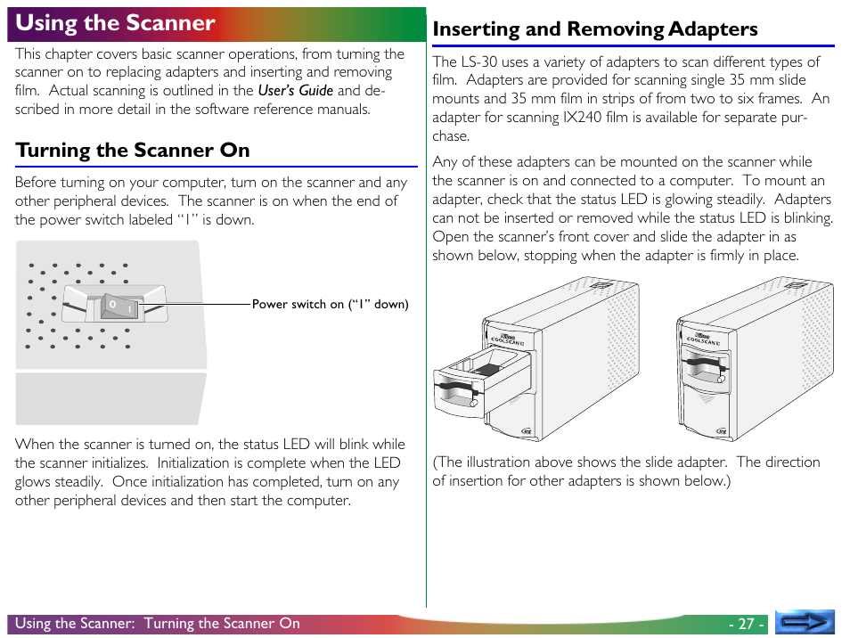 Using the scanner, Turning the scanner on, Inserting and removing adapters | Nikon LS-30 - Coolscan III User Manual | Page 27 / 49