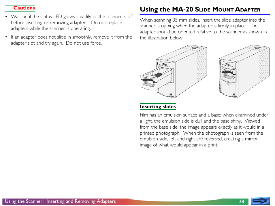 Using the ma-20 slide mount adapter, Using the ma-20 s | Nikon LS-30 - Coolscan III User Manual | Page 28 / 49