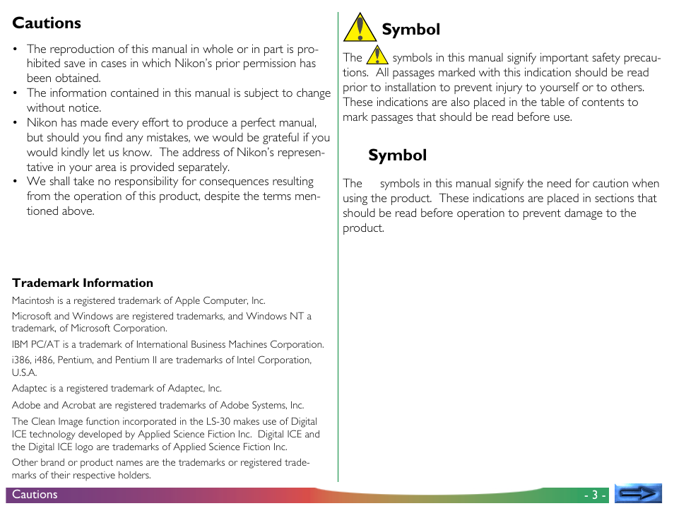 Cautions, Symbol | Nikon LS-30 - Coolscan III User Manual | Page 3 / 49