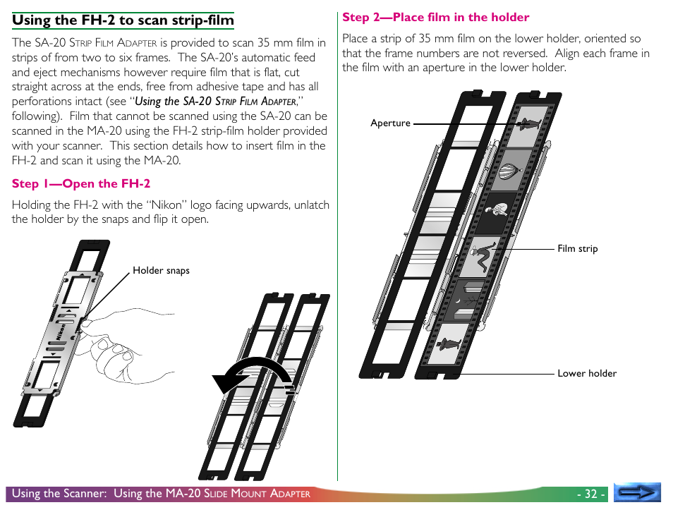 Using the fh-2 to scan strip-film | Nikon LS-30 - Coolscan III User Manual | Page 32 / 49