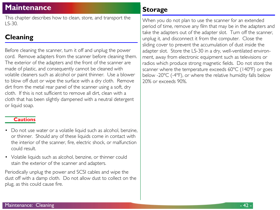 Maintenance, Cleaning, Storage | Cleaning storage | Nikon LS-30 - Coolscan III User Manual | Page 42 / 49